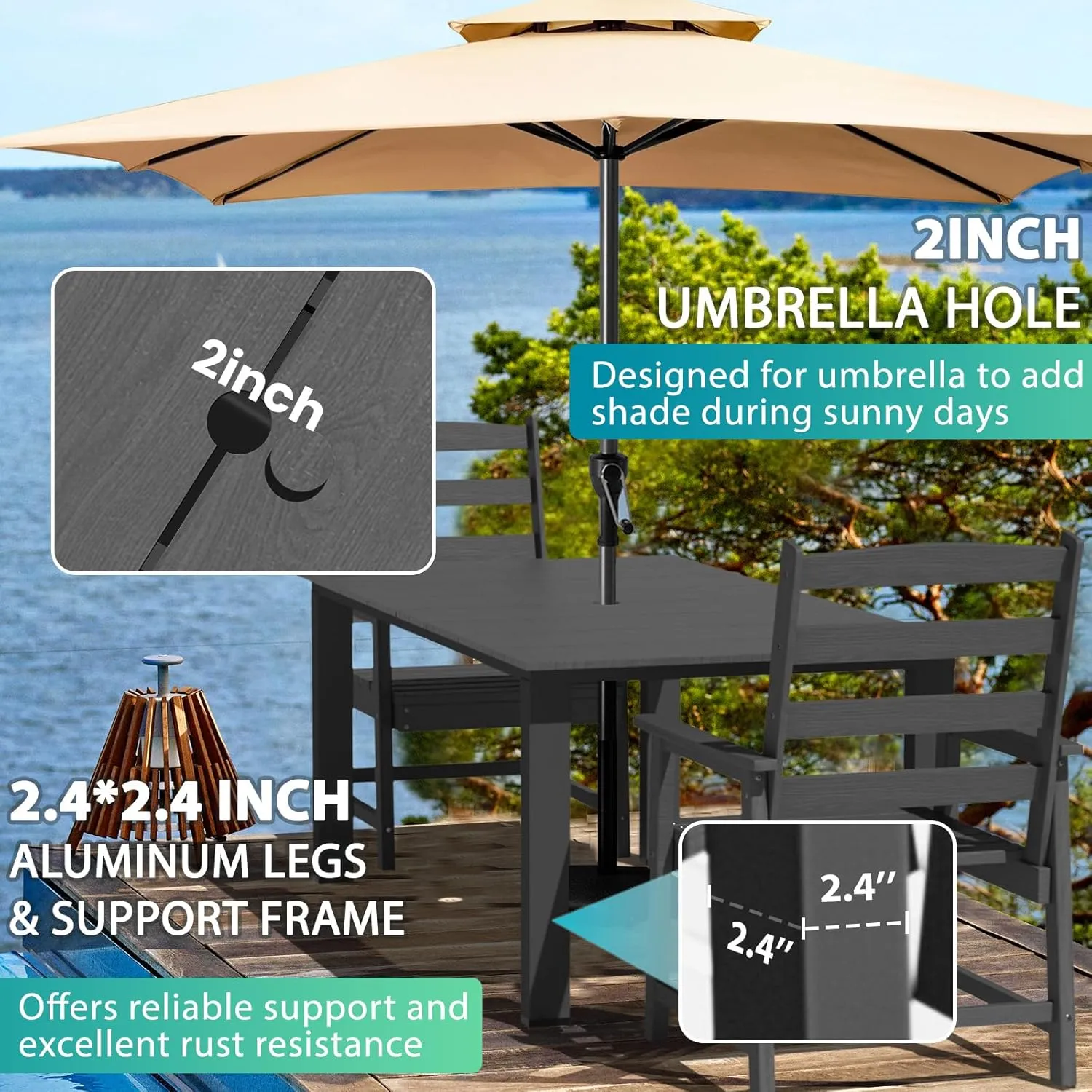 LOUNZY 7 Pieces Patio Dining Sets, Outdoor HDPE Furniture Set for 6 w/ 2" Hole Cut-Out Dining Table with 6 Patio Chairs for Pool, Lawn and Garden,Gray