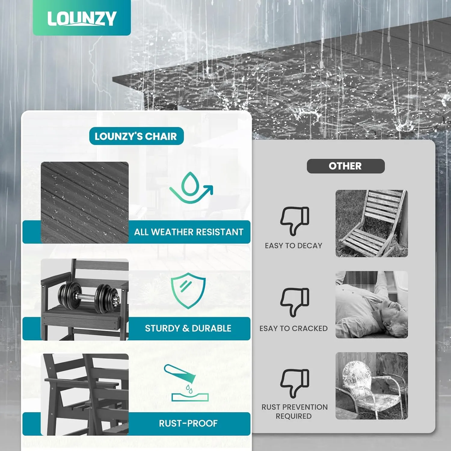 LOUNZY 7 Pieces Patio Dining Sets, Outdoor HDPE Furniture Set for 6 w/ 2" Hole Cut-Out Dining Table with 6 Patio Chairs for Pool, Lawn and Garden,Gray
