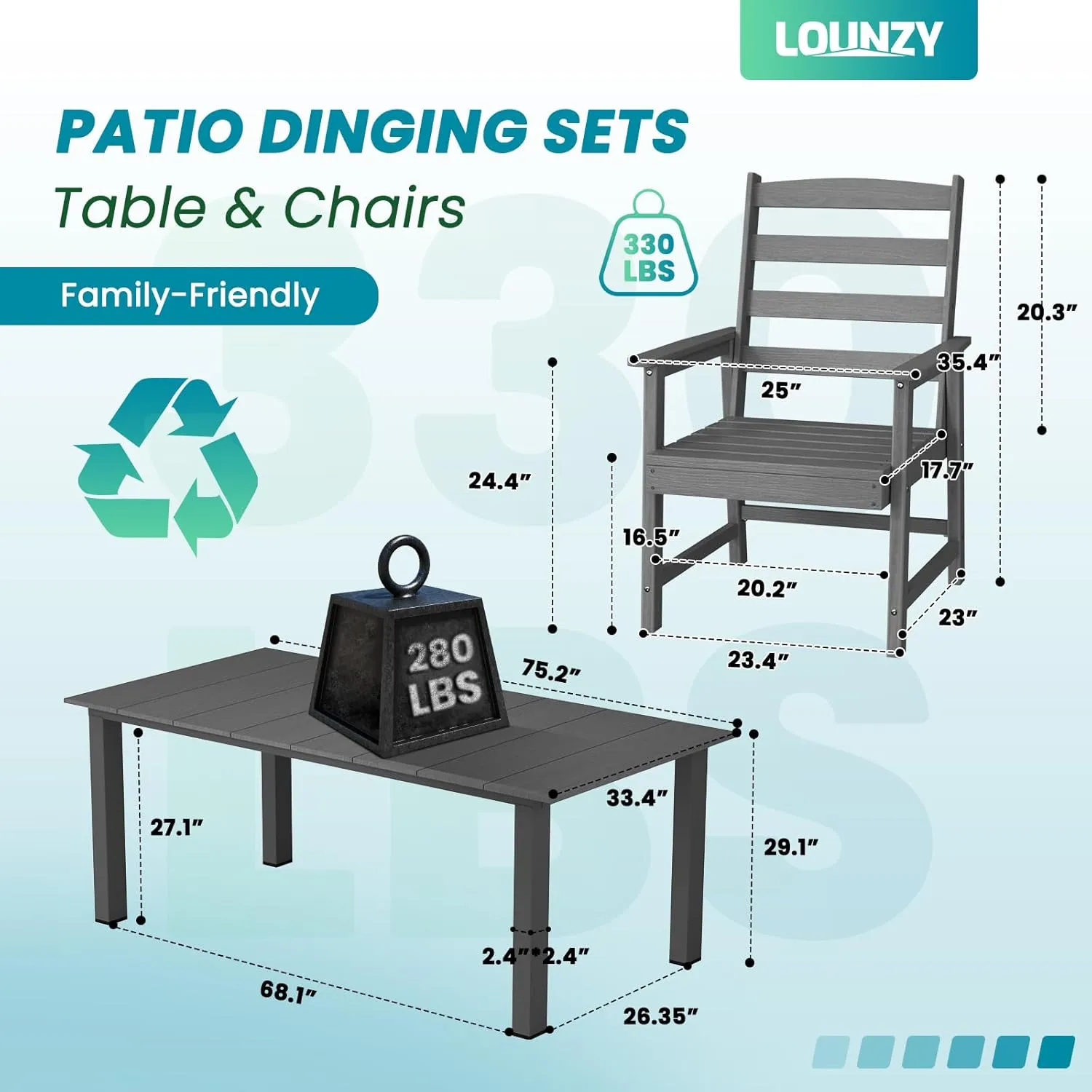 LOUNZY 7 Pieces Patio Dining Sets, Outdoor HDPE Furniture Set for 6 w/ 2" Hole Cut-Out Dining Table with 6 Patio Chairs for Pool, Lawn and Garden,Gray