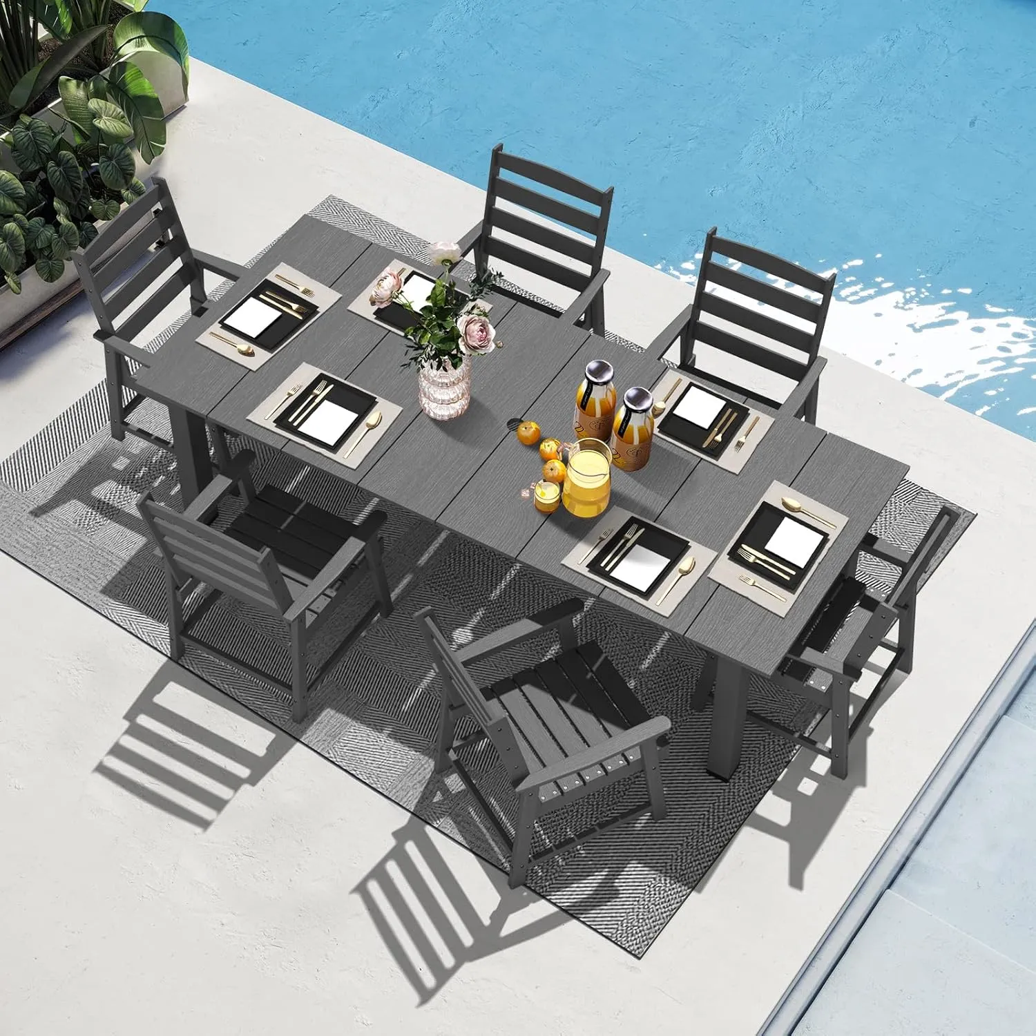 LOUNZY 7 Pieces Patio Dining Sets, Outdoor HDPE Furniture Set for 6 w/ 2" Hole Cut-Out Dining Table with 6 Patio Chairs for Pool, Lawn and Garden,Gray