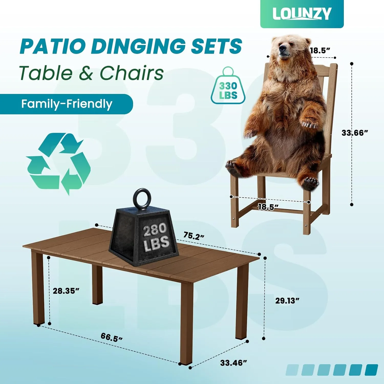 LOUNZY 9 Pieces Patio Dining Sets, Outdoor HDPE Furniture Set for 8 w/ 2" Hole Cut-Out Dining Table with 8 Patio Chairs(2 W/Armrest, 6 w/o Armrest), Brown