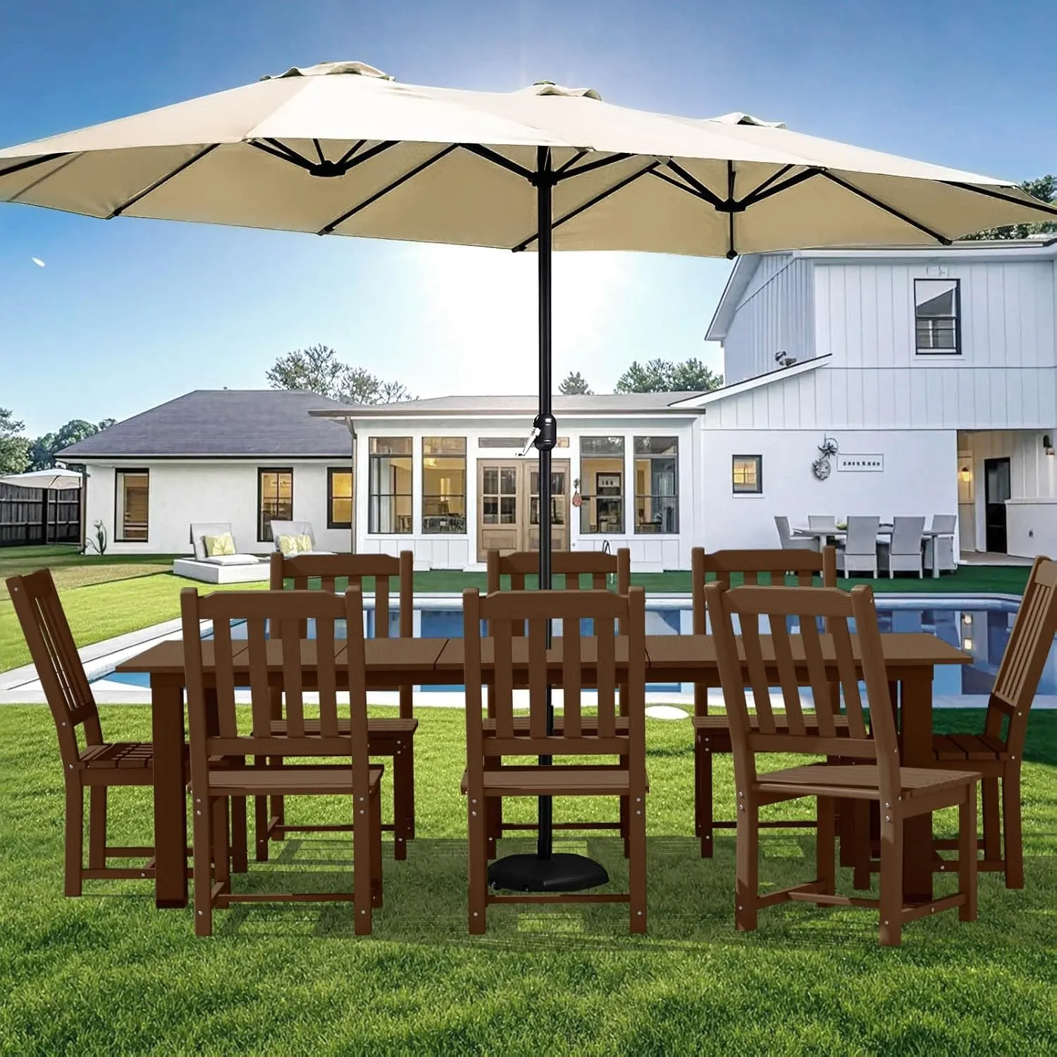 LOUNZY 9 Pieces Patio Dining Sets, Outdoor HDPE Furniture Set for 8 w/ 2" Hole Cut-Out Dining Table with 8 Patio Chairs(2 W/Armrest, 6 w/o Armrest), Brown