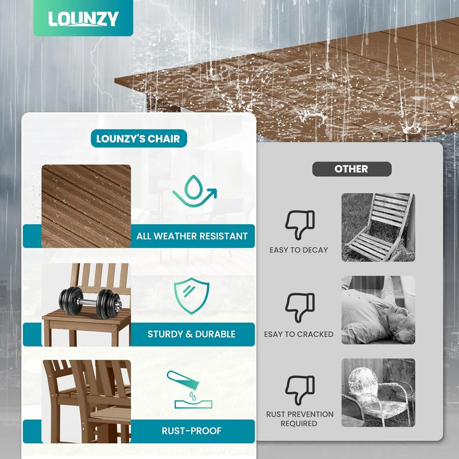 LOUNZY 9 Pieces Patio Dining Sets, Outdoor HDPE Furniture Set for 8 w/ 2" Hole Cut-Out Dining Table with 8 Patio Chairs(2 W/Armrest, 6 w/o Armrest), Brown