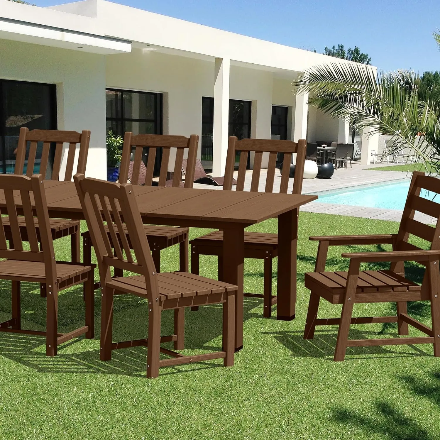 LOUNZY 9 Pieces Patio Dining Sets, Outdoor HDPE Furniture Set for 8 w/ 2" Hole Cut-Out Dining Table with 8 Patio Chairs(2 W/Armrest, 6 w/o Armrest), Brown