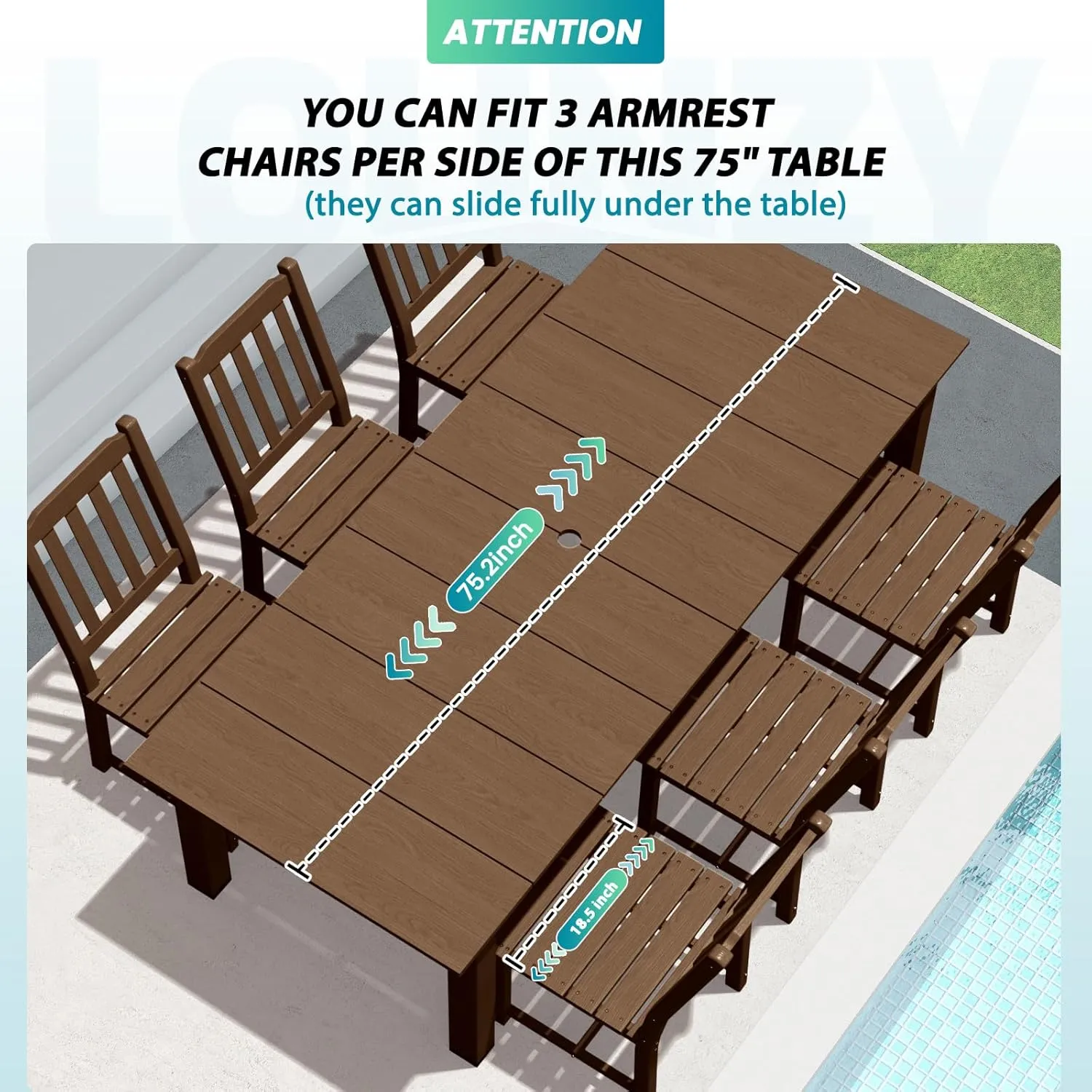 LOUNZY 9 Pieces Patio Dining Sets, Outdoor HDPE Furniture Set for 8 w/ 2" Hole Cut-Out Dining Table with 8 Patio Chairs(2 W/Armrest, 6 w/o Armrest), Brown