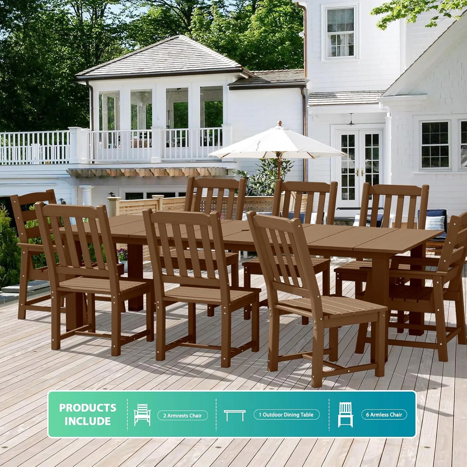 LOUNZY 9 Pieces Patio Dining Sets, Outdoor HDPE Furniture Set for 8 w/ 2" Hole Cut-Out Dining Table with 8 Patio Chairs(2 W/Armrest, 6 w/o Armrest), Brown