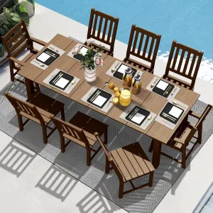 LOUNZY 9 Pieces Patio Dining Sets, Outdoor HDPE Furniture Set for 8 w/ 2" Hole Cut-Out Dining Table with 8 Patio Chairs(2 W/Armrest, 6 w/o Armrest), Brown