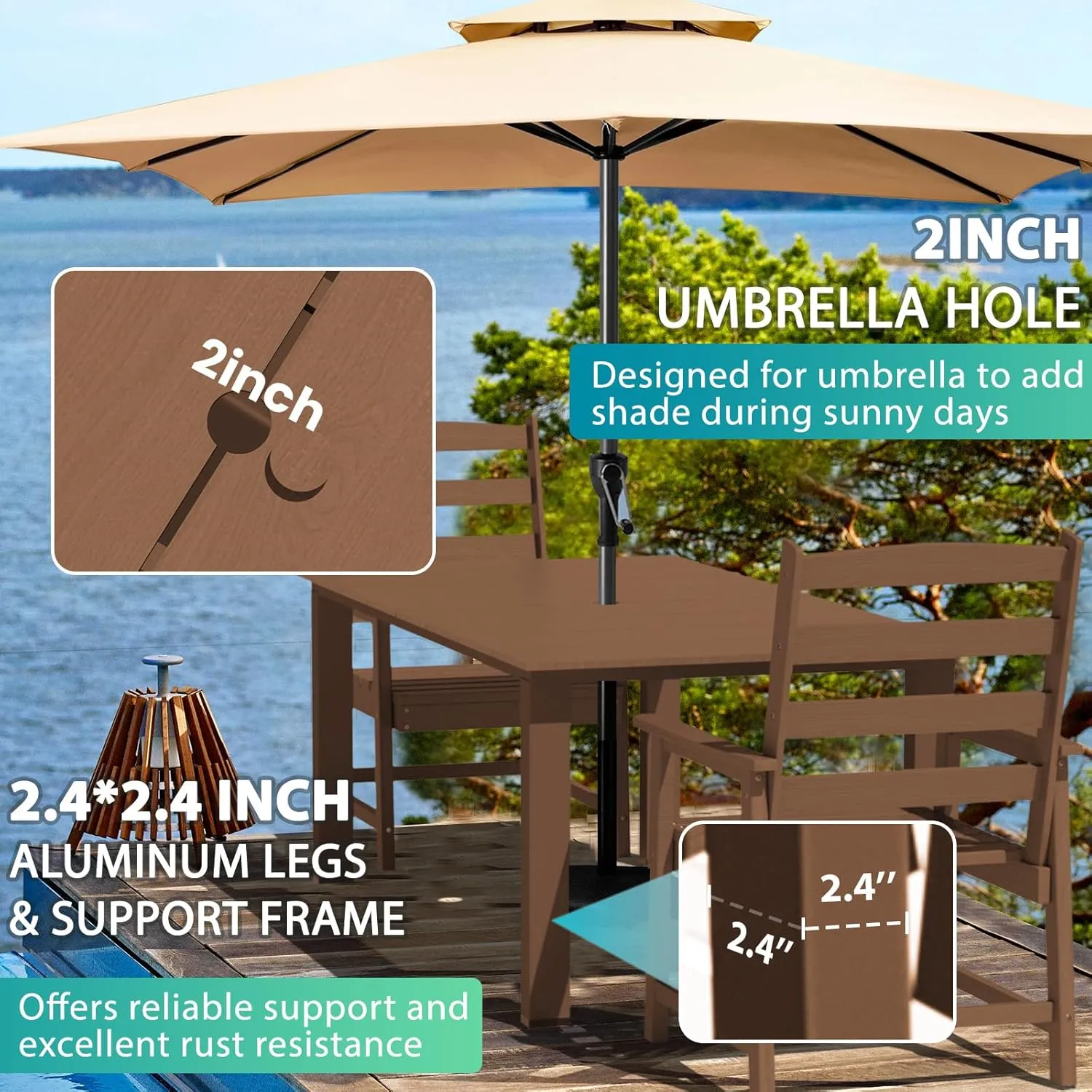 LOUNZY 9 Pieces Patio Dining Sets, Outdoor HDPE Furniture Set for 8 w/ 2" Hole Cut-Out Dining Table with 8 Patio Chairs(2 W/Armrest, 6 w/o Armrest), Brown
