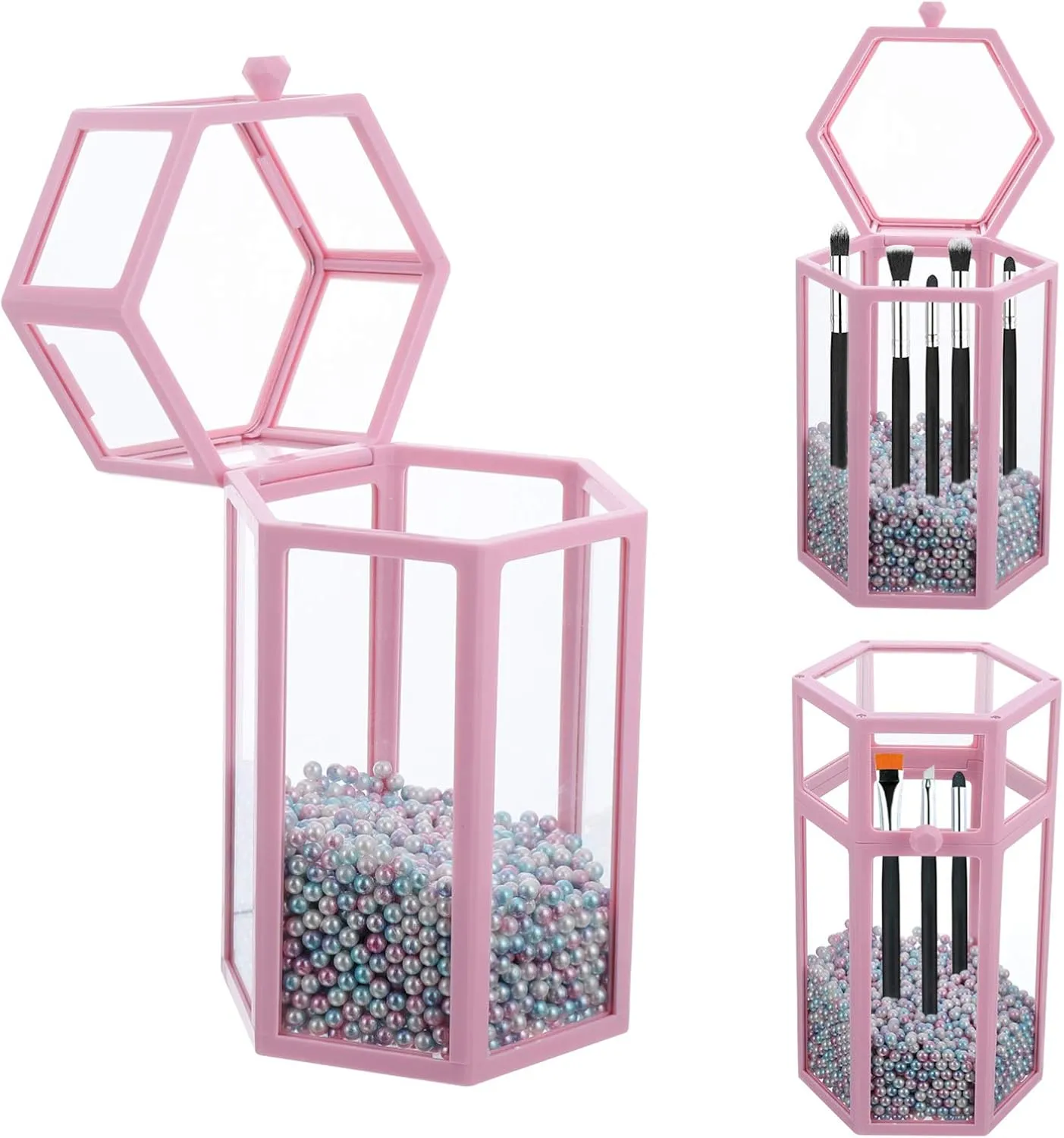 Luxshiny Glass Cosmetic Brush Organizer Clear Lid Hexagonal Storage Box for Makeup Brushes Eyebrow Pencil Eyeliner Elegant Pearl Design for Vanity Jewelry Display