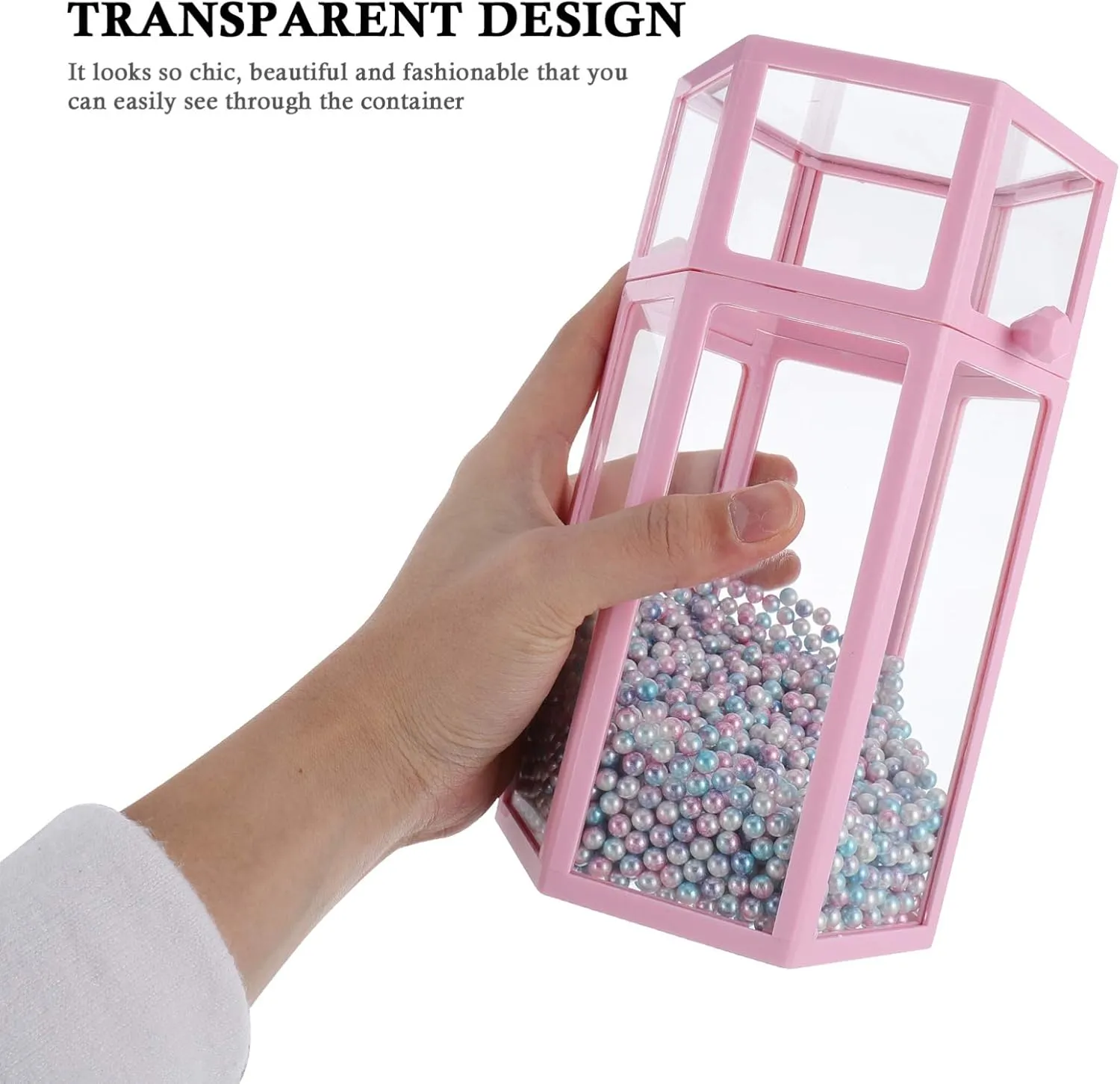Luxshiny Glass Cosmetic Brush Organizer Clear Lid Hexagonal Storage Box for Makeup Brushes Eyebrow Pencil Eyeliner Elegant Pearl Design for Vanity Jewelry Display