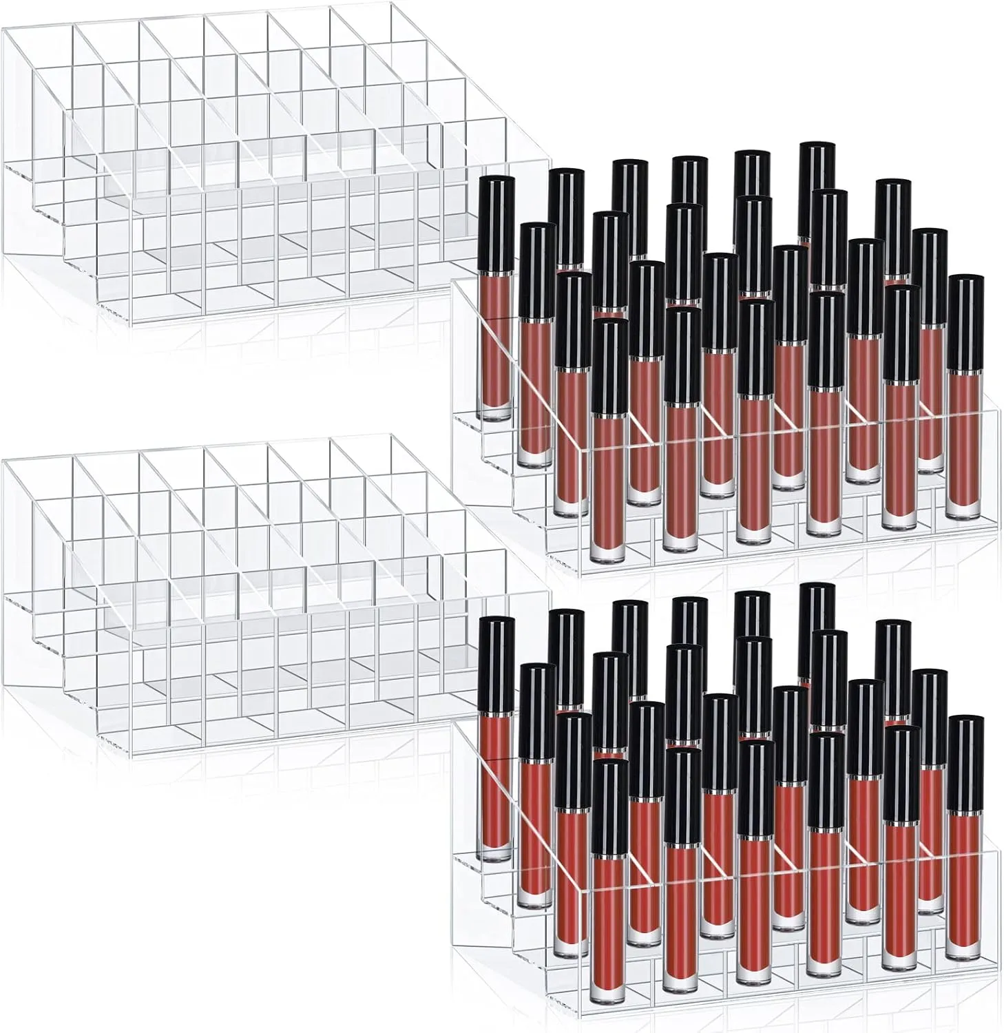 Macarrie 4 Pieces Lipstick Holder Organizer 24 Slot Acrylic Lipstick Makeup Organizer Case Display Stand Storage Box for Lipsticks Lipgloss Brushes Cosmetics