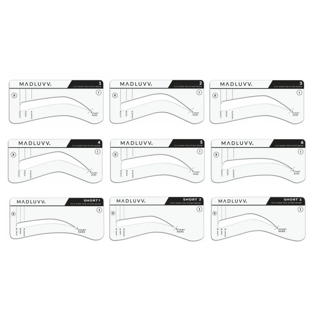 MADLUVV Eyebrow Stencil Kit - Easy-to-Use, Natural Look, 9 Popular Shapes, Used by Professionals - Includes Stamp, Stencils, Spoolie, and Travel Bag (Medium Brown)