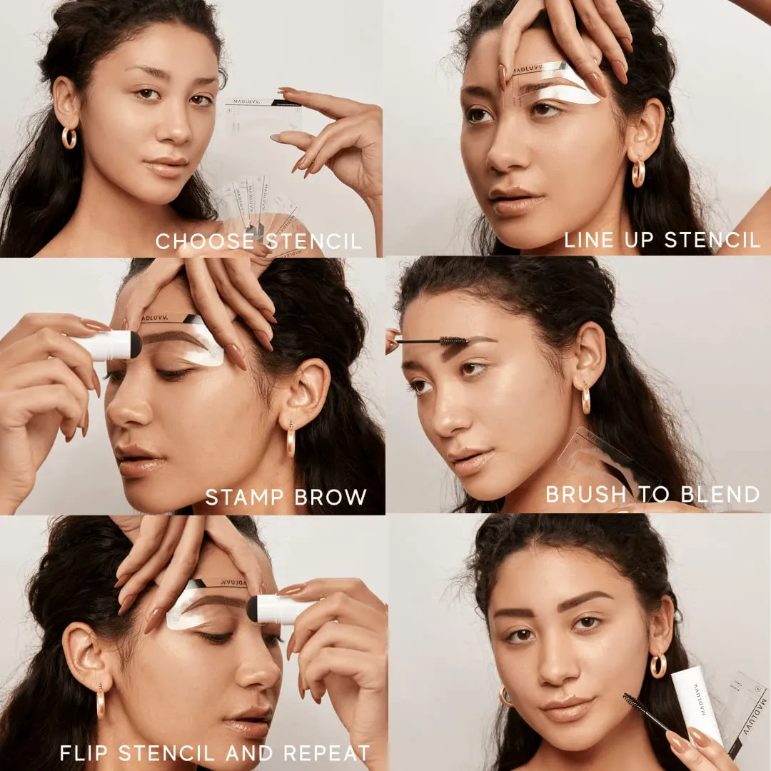 MADLUVV Eyebrow Stencil Kit - Easy-to-Use, Natural Look, 9 Popular Shapes, Used by Professionals - Includes Stamp, Stencils, Spoolie, and Travel Bag (Medium Brown)