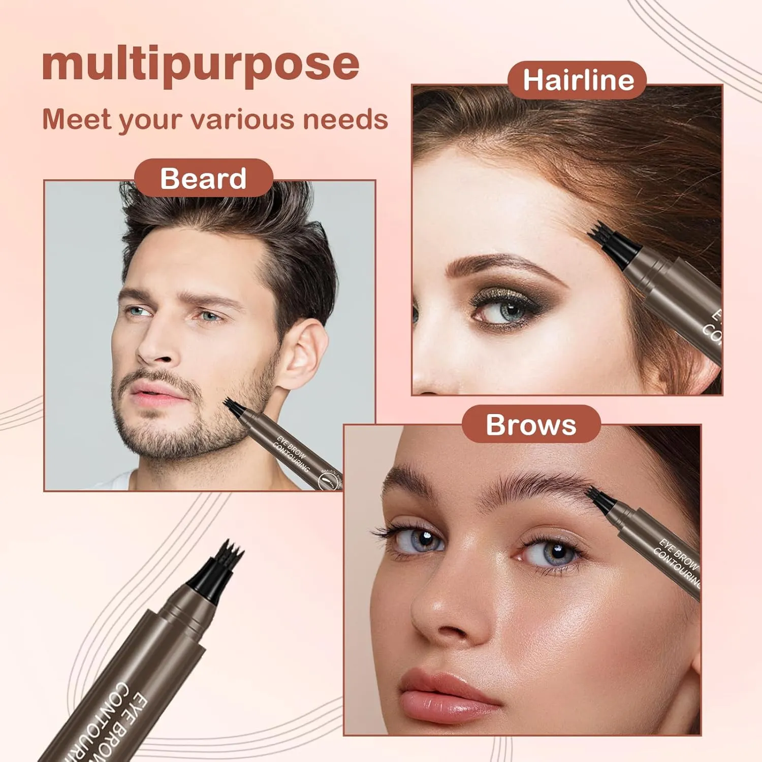 Magic Eyebrow Pencil, 4 Head Split Waterproof Long lasting Wild Eyebrow Pencil, Waterproof Microblading Eyebrow Pen, Brows Eyebrow Pen (Grey Brown)