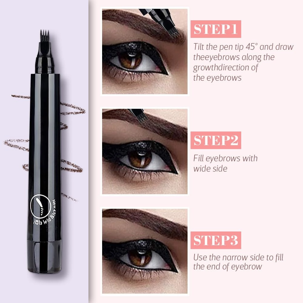 Magic Eyebrow Pencil, 3D Waterproof Microblading Eyebrow Pencil Contouring Pen 4 Tipped Precise Brow Pen, Long-Lasting Fine Stroke Microblade Eyebrow Brush (Dark Brown)