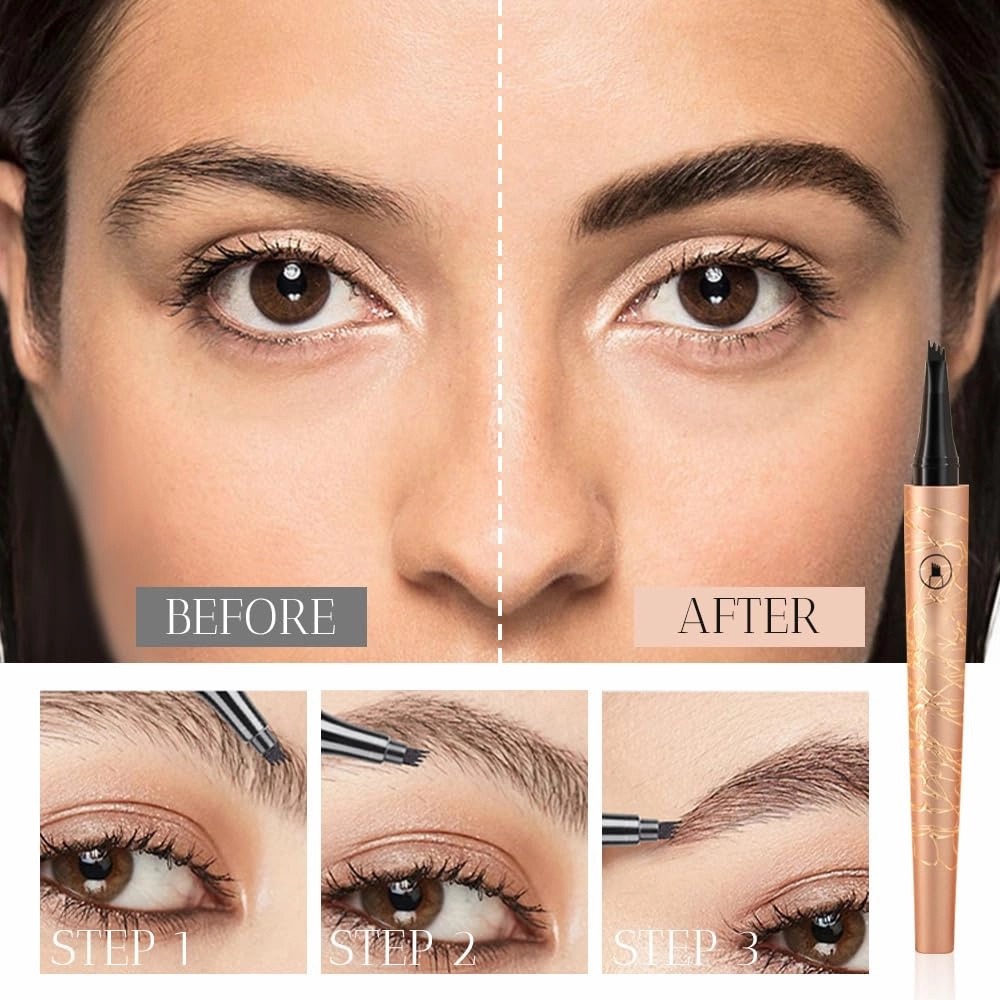 Magic Microblading Eyebrow Pencil, 2025 Upgrade 4-Tip Waterproof Brow Pencil 3D Eyebrow Pen, Natural Fine Stroke Eyebrow Pen (Black)