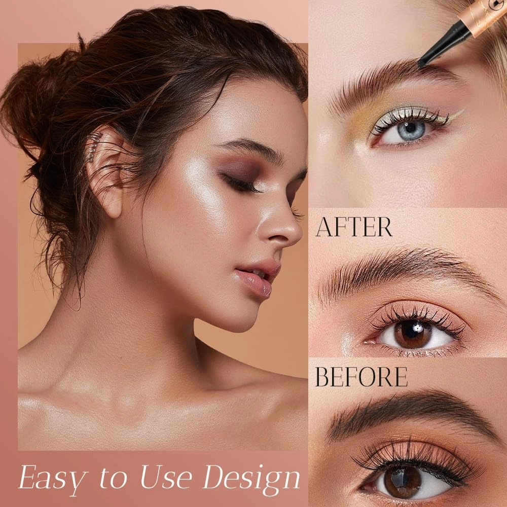 Magic Microblading Eyebrow Pencil, 2025 Upgrade 4-Tip Waterproof Brow Pencil 3D Eyebrow Pen, Natural Fine Stroke Eyebrow Pen (Black)