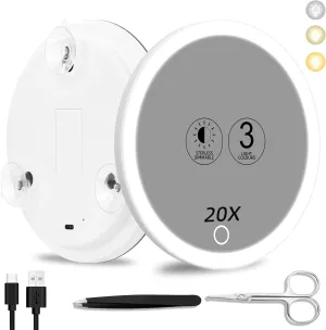 Magnifying Mirror with Light 20x, Large 6'' Lighted Suction Magnified Mirror, 3 Color Modes Dimming High Magnification Travel Makeup Mirror, Rechargeable Battery, with Tweezers & Scissors