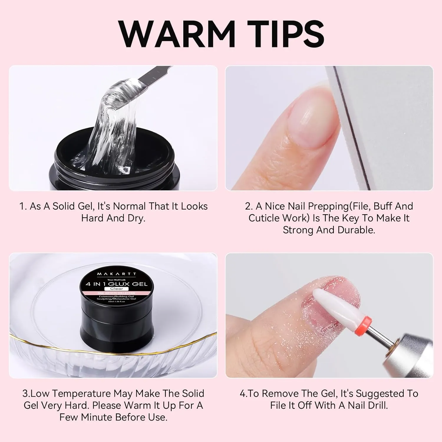 Makartt Solid Gel Builder: 4-in-1 50g Large Capacity Clear Non-sticky for Extension 3D Sculpting Nail, UV Glue for Acrylic Tips, Rhinestones & Sculpture Hard Gels for Nails UV/LED Lamp Required