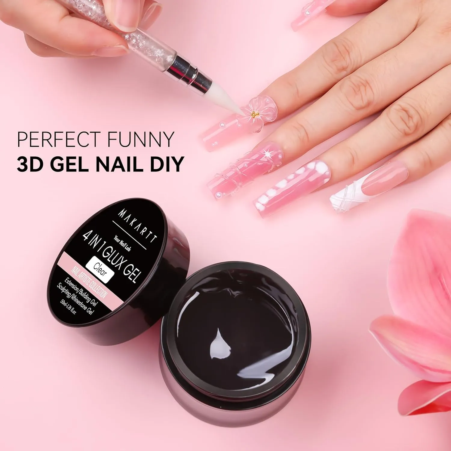 Makartt Solid Gel Builder: 4-in-1 50g Large Capacity Clear Non-sticky for Extension 3D Sculpting Nail, UV Glue for Acrylic Tips, Rhinestones & Sculpture Hard Gels for Nails UV/LED Lamp Required
