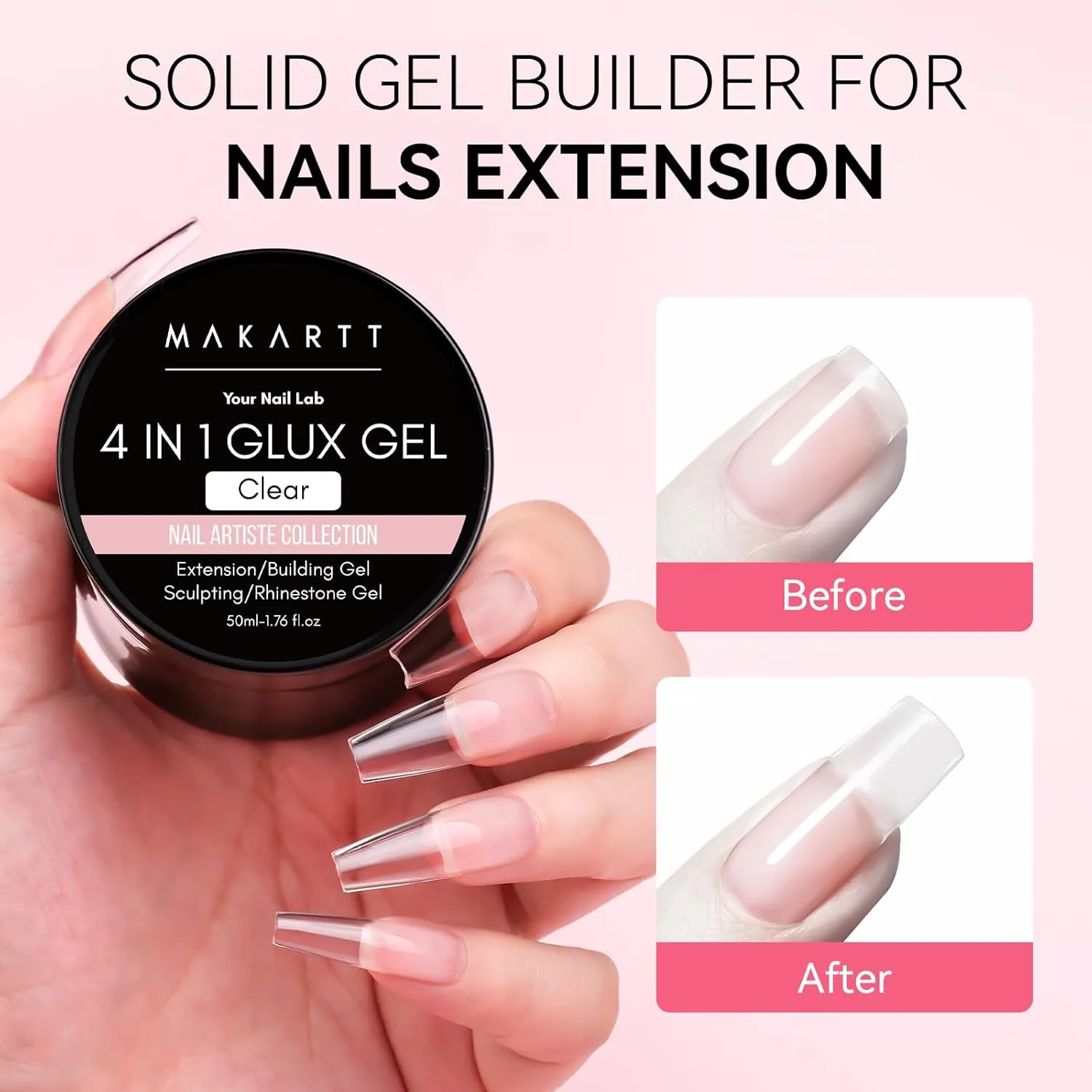 Makartt Solid Gel Builder: 4-in-1 50g Large Capacity Clear Non-sticky for Extension 3D Sculpting Nail, UV Glue for Acrylic Tips, Rhinestones & Sculpture Hard Gels for Nails UV/LED Lamp Required