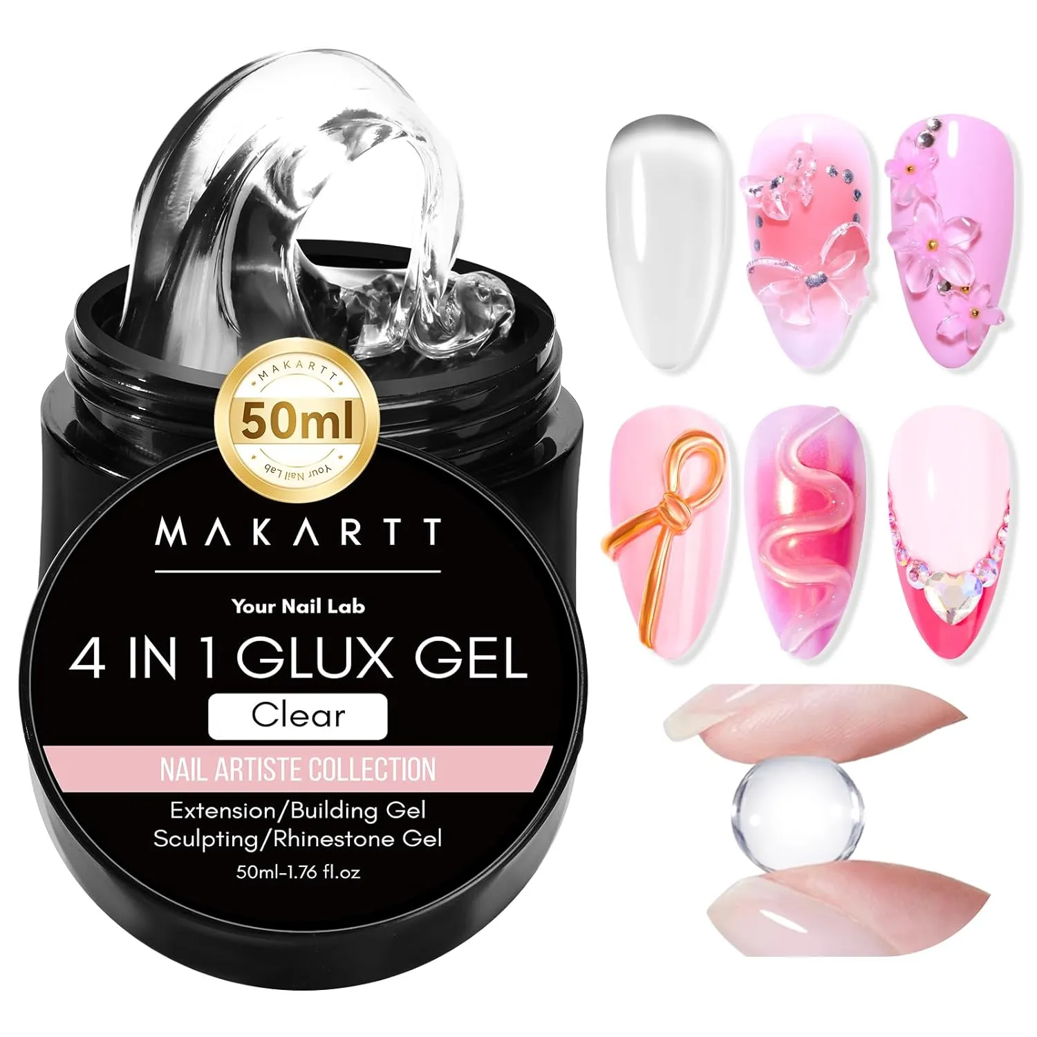 Makartt Solid Gel Builder: 4-in-1 50g Large Capacity Clear Non-sticky for Extension 3D Sculpting Nail, UV Glue for Acrylic Tips, Rhinestones & Sculpture Hard Gels for Nails UV/LED Lamp Required