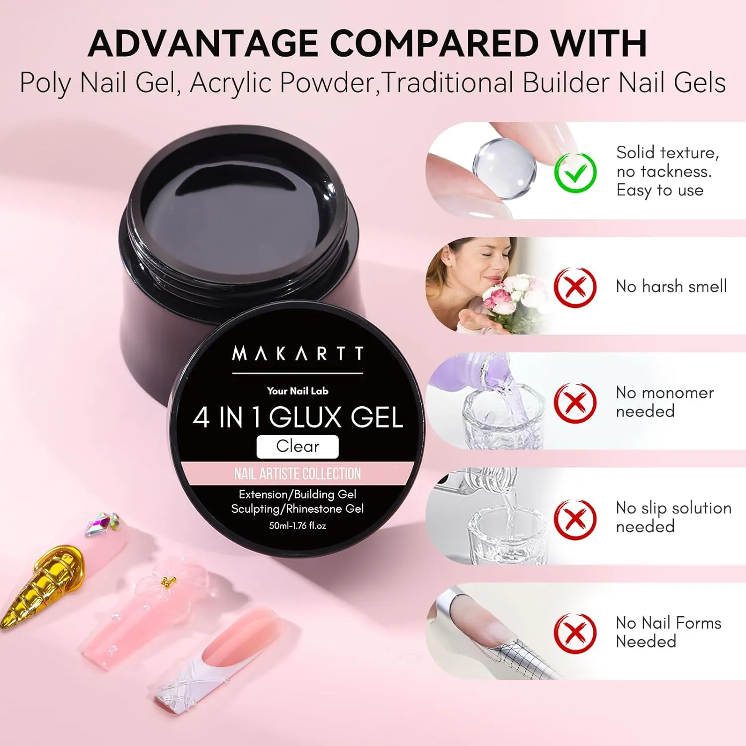 Makartt Solid Gel Builder: 4-in-1 50g Large Capacity Clear Non-sticky for Extension 3D Sculpting Nail, UV Glue for Acrylic Tips, Rhinestones & Sculpture Hard Gels for Nails UV/LED Lamp Required