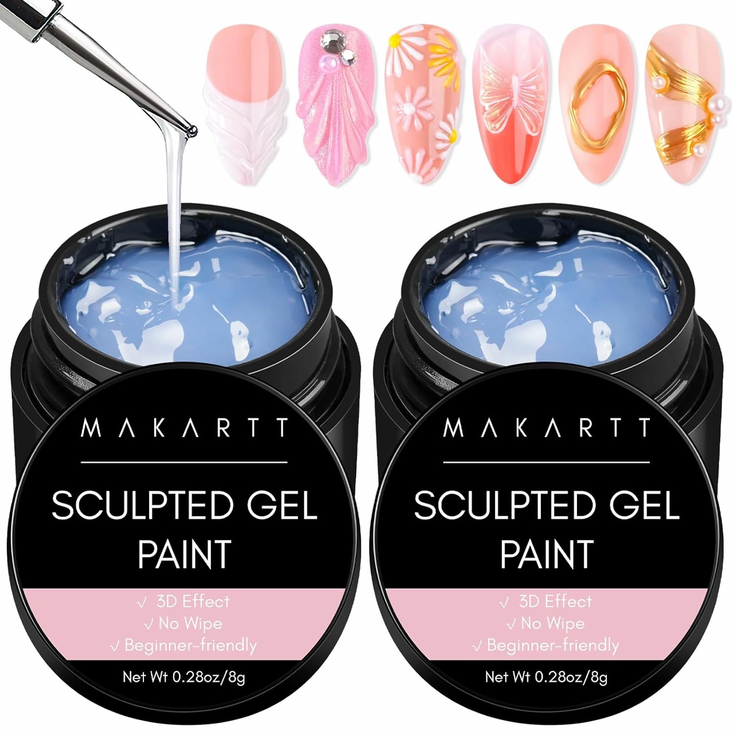Makartt 3D Nail Gel: 2PCS Clear 3D Painting Gels for Nails Art, Mixable with Chrome Powder and Polish, No Wipe UV Gel for Sculpting and Carving, for Home & Salon DIY