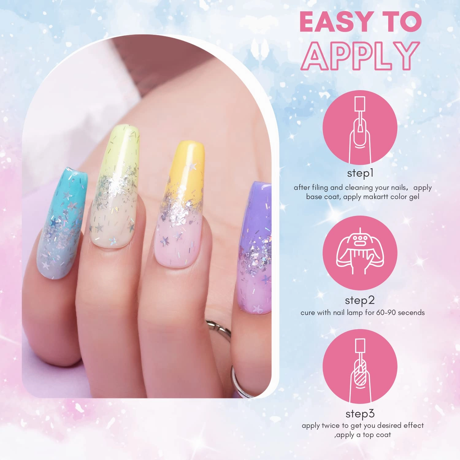Makartt Gel Nail Polish Set: Jelly Clear Glitter Pink Blue, Colored Gels Kit with Irridescent Stars,Crystal Transparent Colors, 6 Bottles 8ML Soak Off Gel Manicure Supplies for Women