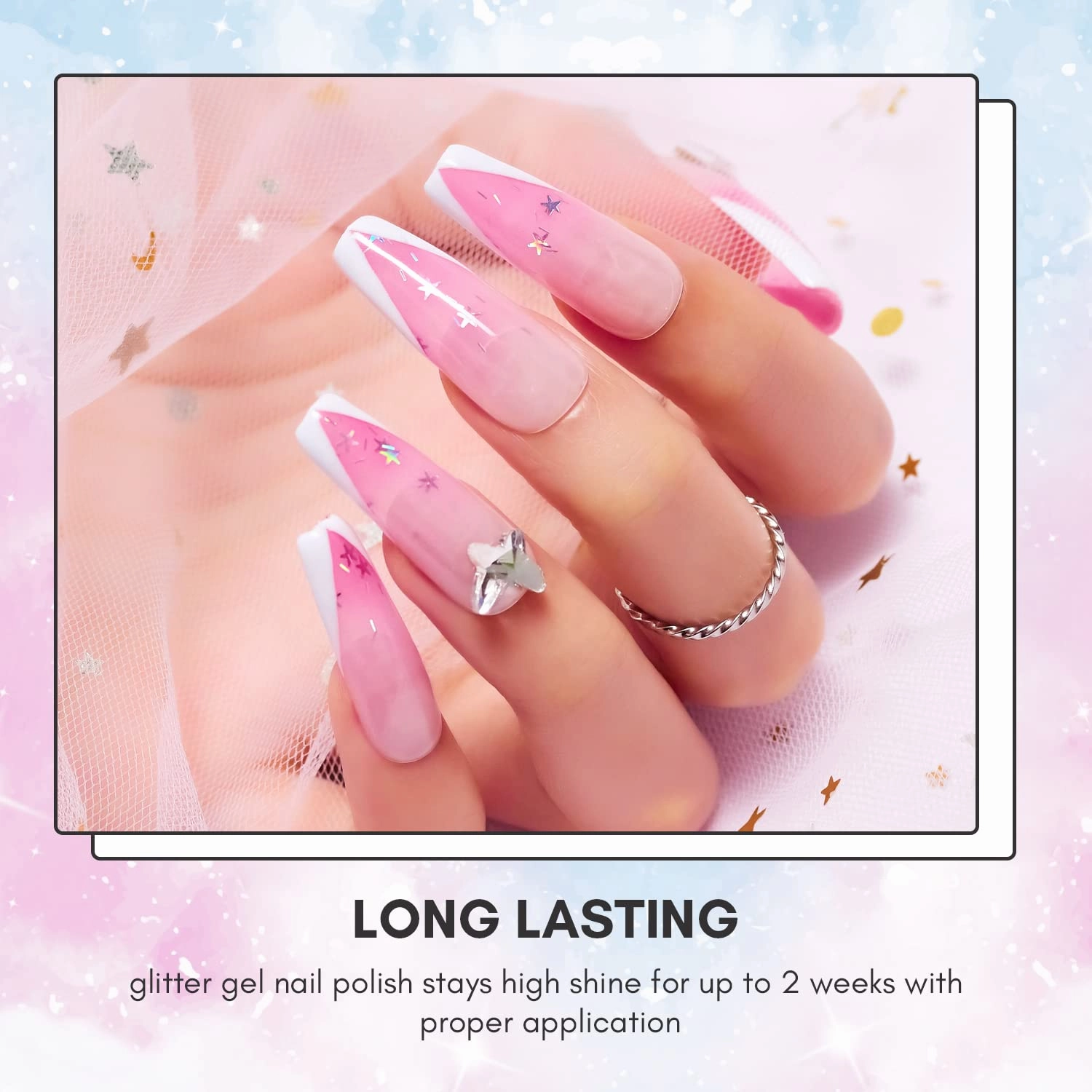 Makartt Gel Nail Polish Set: Jelly Clear Glitter Pink Blue, Colored Gels Kit with Irridescent Stars,Crystal Transparent Colors, 6 Bottles 8ML Soak Off Gel Manicure Supplies for Women