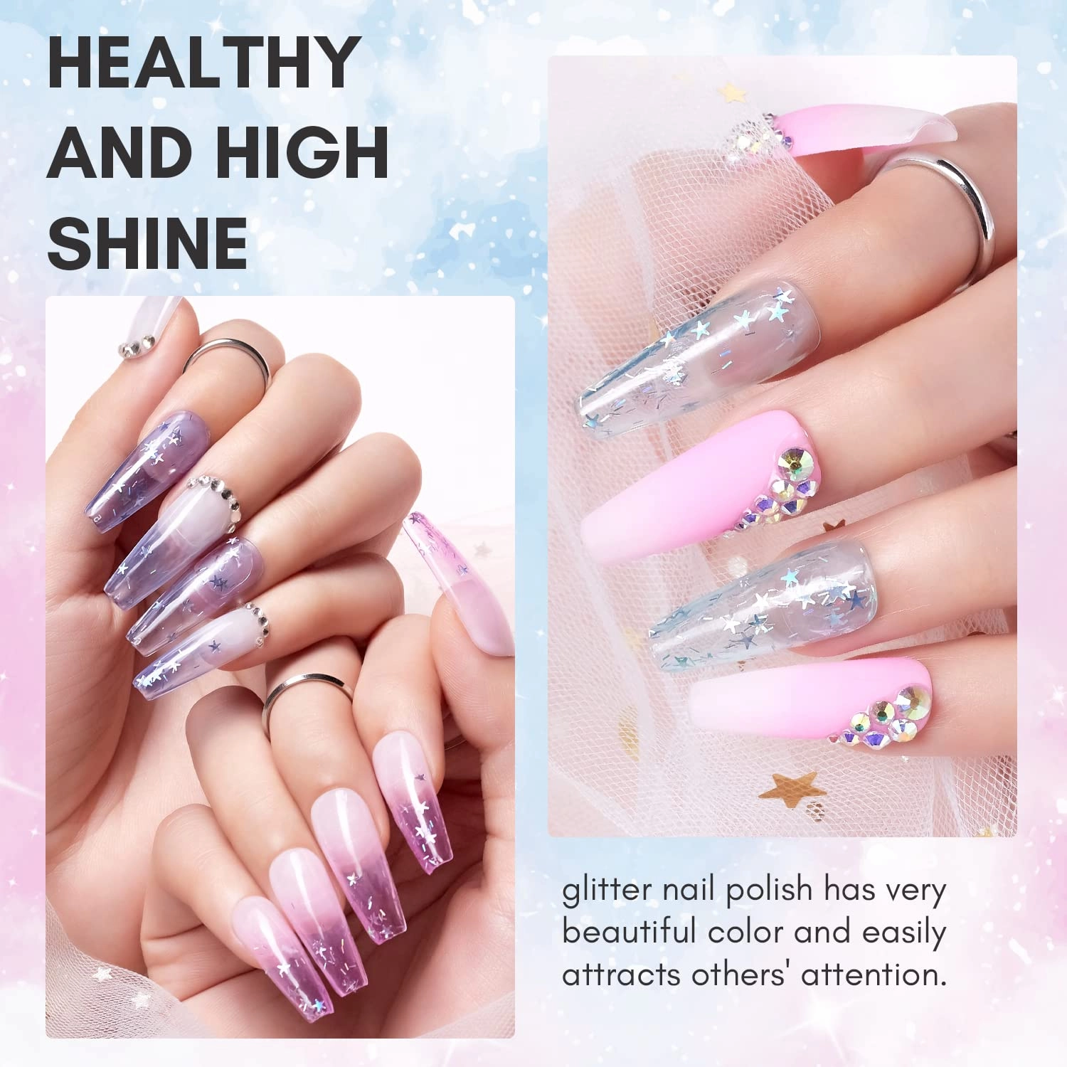 Makartt Gel Nail Polish Set: Jelly Clear Glitter Pink Blue, Colored Gels Kit with Irridescent Stars,Crystal Transparent Colors, 6 Bottles 8ML Soak Off Gel Manicure Supplies for Women