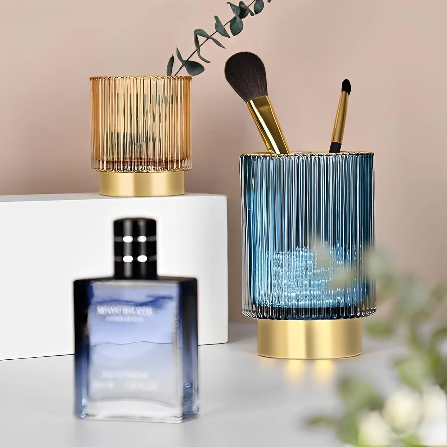 Makeup Brush Holder Organizer, Heavy Crystal Glass Brush Storage Holder, Vintage Cosmetic Make Up Bathroom Brushes Cup Pen Pencil Toothbrush Holder Striped Vase (S L (blue))