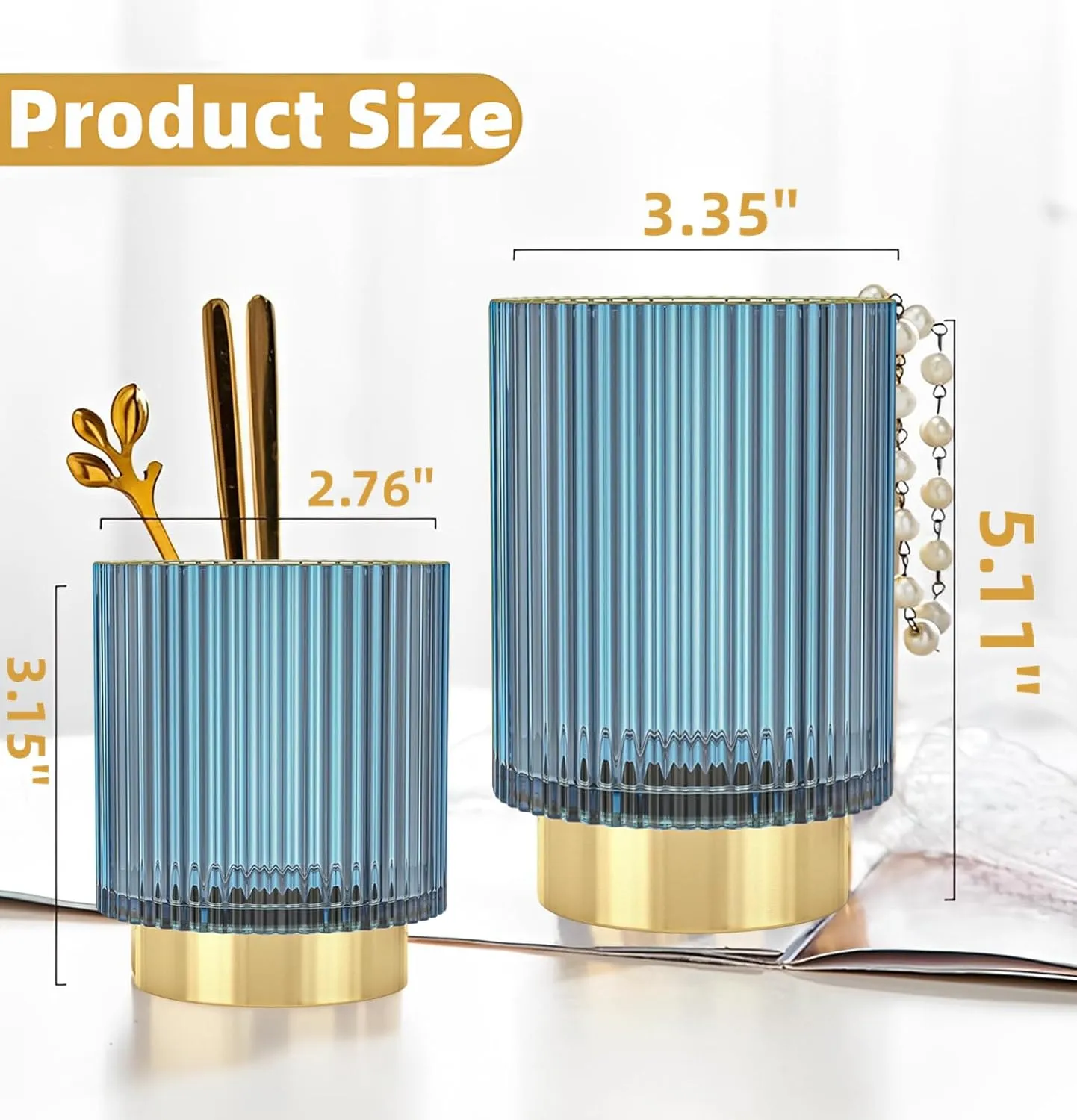 Makeup Brush Holder Organizer, Heavy Crystal Glass Brush Storage Holder, Vintage Cosmetic Make Up Bathroom Brushes Cup Pen Pencil Toothbrush Holder Striped Vase (S L (blue))