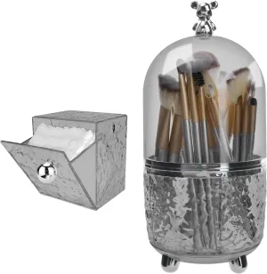 Makeup Brush Holder Organizer with Lid, 360°Rotating Dustproof Makeup Brushes Organizer, 4 Compartment Make Up Brushes Cup for Vanity Desktop Bathroom Countertop (Gray)