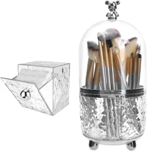 Makeup Brush Holder Organizer with Lid, 360°Rotating Dustproof Makeup Brushes Organizer, 4 Compartment Make Up Brushes Cup for Vanity Desktop Bathroom Countertop (Transparent)