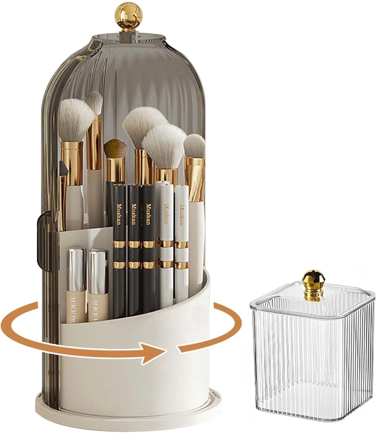 Makeup Brush Holder with Lid 360 Rotating,Clear Dustproof Make Up Organizers Cosmetics Display for Vanity Bathroom Countertop (Grey)