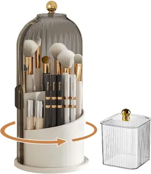 Makeup Brush Holder with Lid 360 Rotating,Clear Dustproof Make Up Organizers Cosmetics Display for Vanity Bathroom Countertop (Grey)