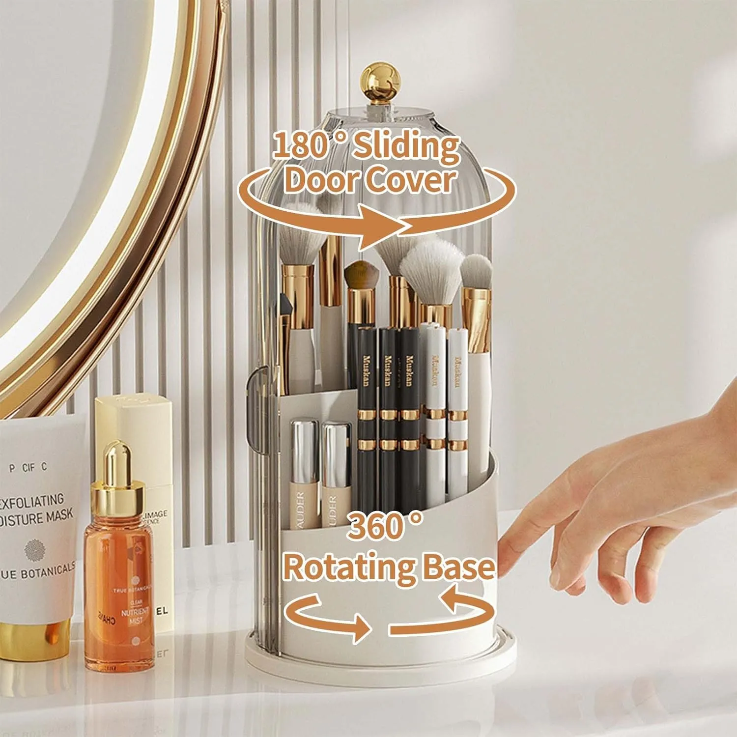 Makeup Brush Holder with Lid 360 Rotating,Clear Dustproof Make Up Organizers Cosmetics Display for Vanity Bathroom Countertop (Grey)