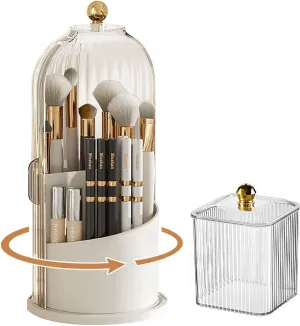 Makeup Brush Holder with Lid 360 Rotating,Clear Dustproof Make Up Organizers Cosmetics Display for Vanity Bathroom Countertop (White)