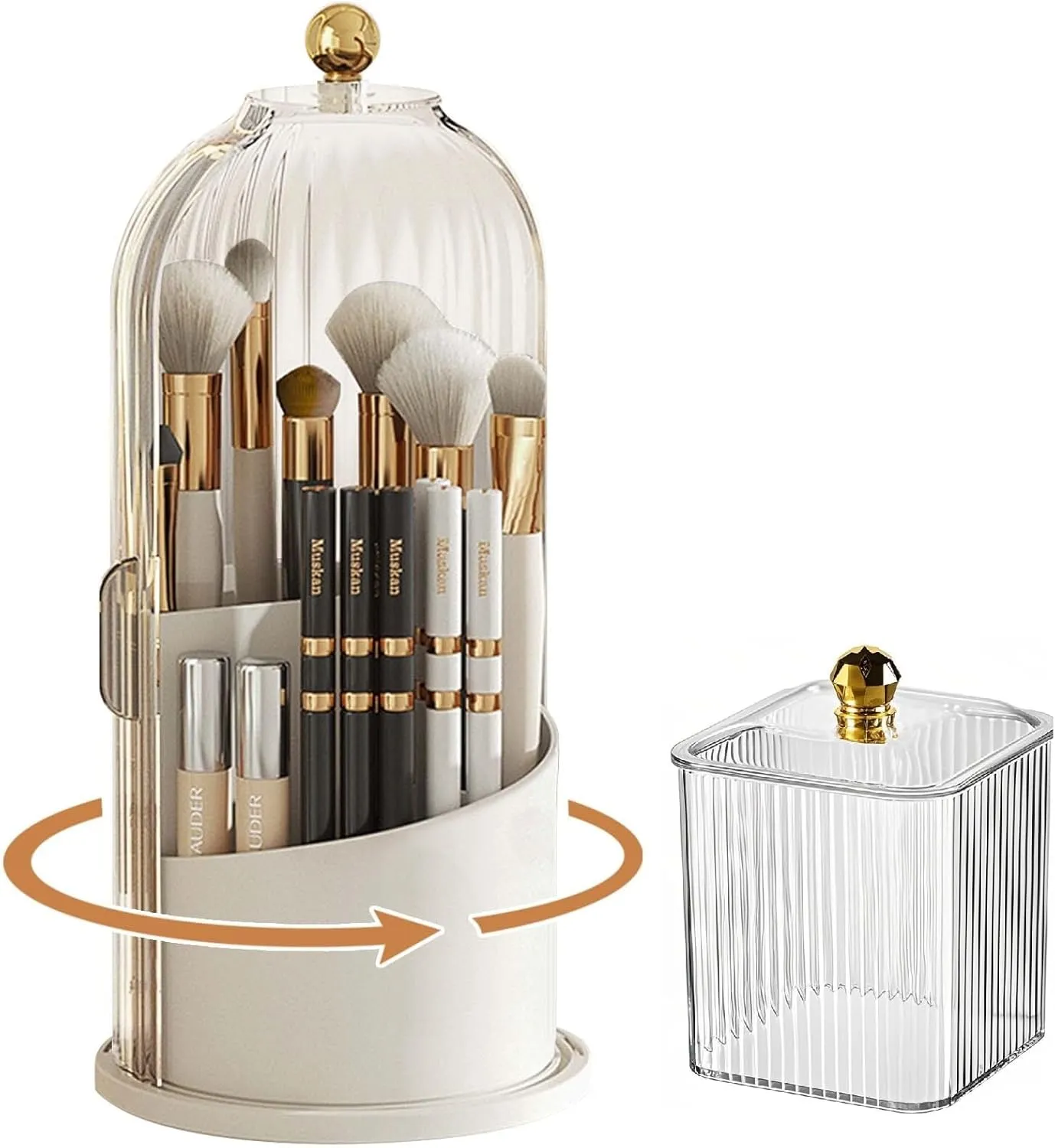 Makeup Brush Holder with Lid 360 Rotating,Clear Dustproof Make Up Organizers Cosmetics Display for Vanity Bathroom Countertop (White)