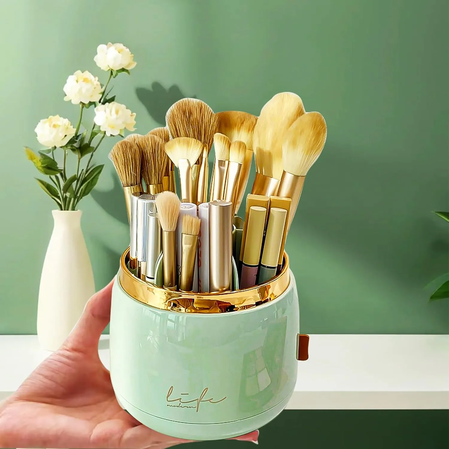 Makeup Brush Holder with Lid, Clear Dustproof Makeup Brushes Organizer for Desktop Vanity Countertop Bathroom Bedroom (Light Green)