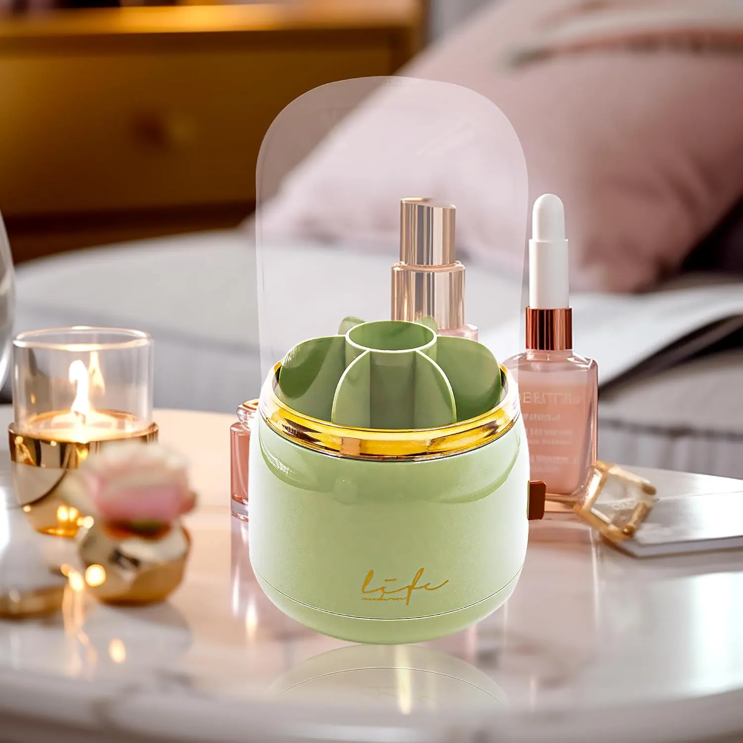 Makeup Brush Holder with Lid, Clear Dustproof Makeup Brushes Organizer for Desktop Vanity Countertop Bathroom Bedroom (Light Green)