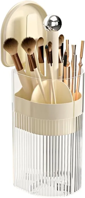 Makeup Brush Holder with Lid, One-Hand Press Open/Close Mechanism Cosmetic Tools Organizer, Clear Waterproof Dustproof Make Up Storage for Vanity, Bathroom Countertop-Cream-Silver Ball