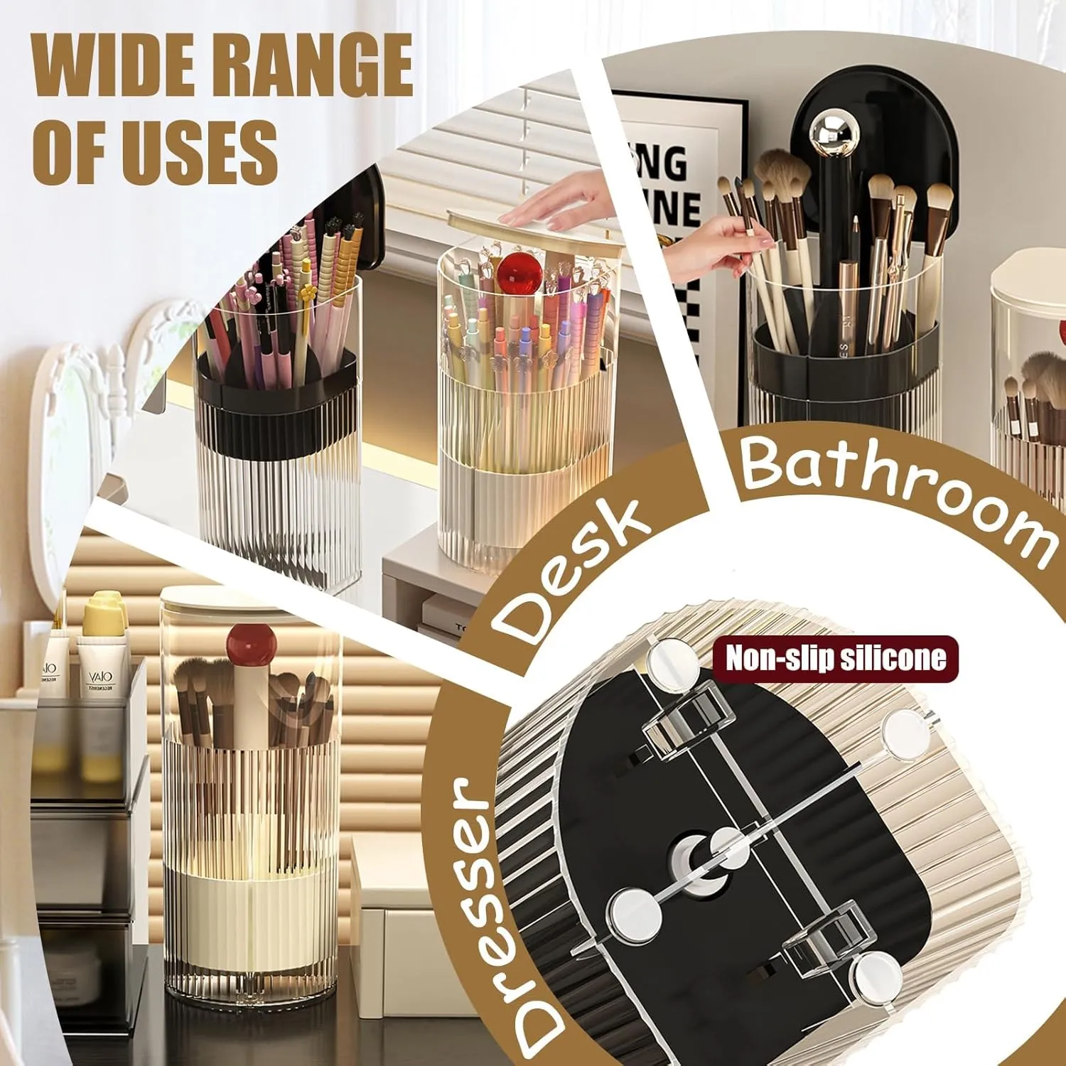 Makeup Brush Holder with Lid, One-Hand Press Open/Close Mechanism Cosmetic Tools Organizer, Clear Waterproof Dustproof Make Up Storage for Vanity, Bathroom Countertop-Cream-Silver Ball