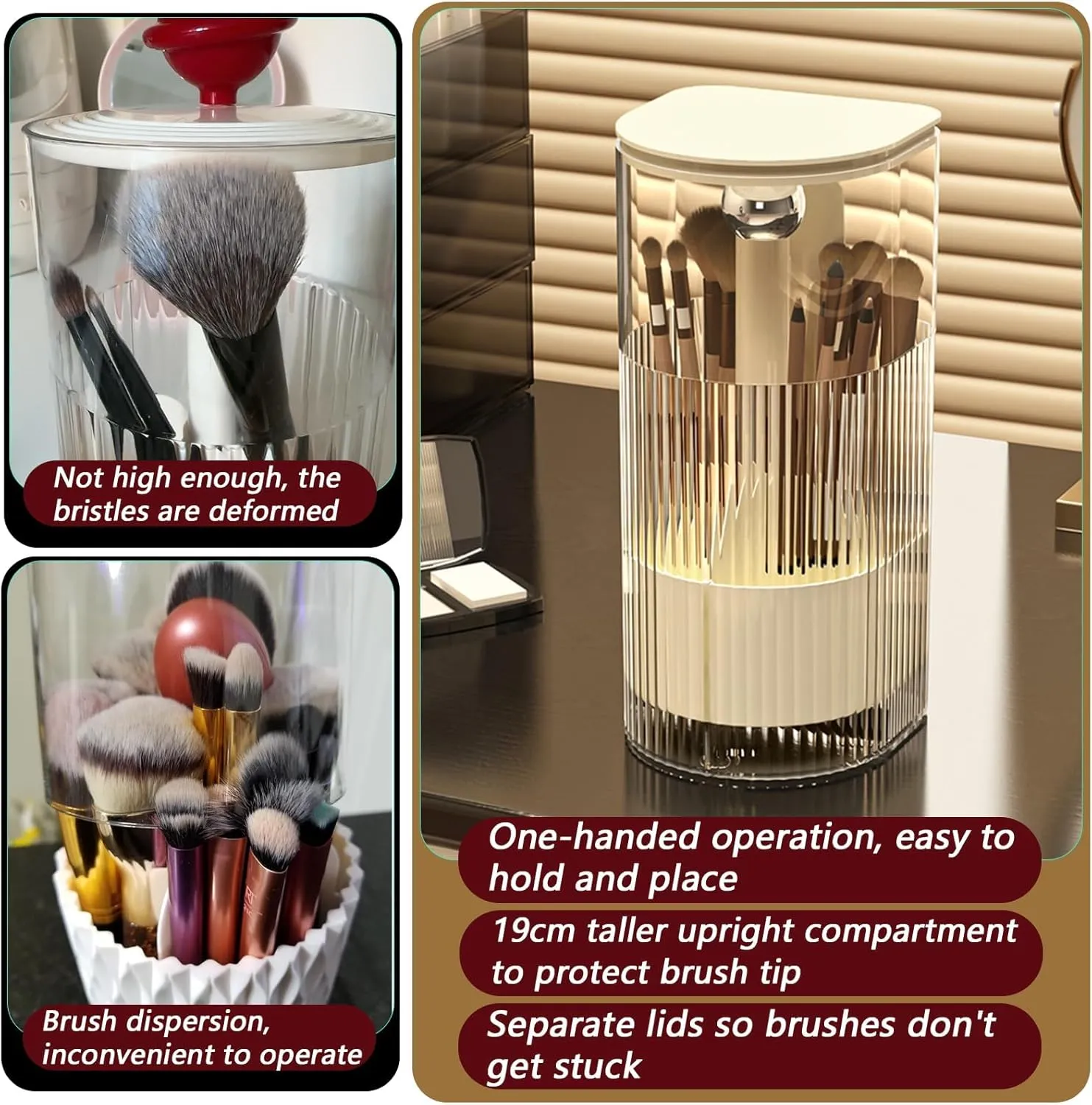 Makeup Brush Holder with Lid, One-Hand Press Open/Close Mechanism Cosmetic Tools Organizer, Clear Waterproof Dustproof Make Up Storage for Vanity, Bathroom Countertop-Cream-Silver Ball