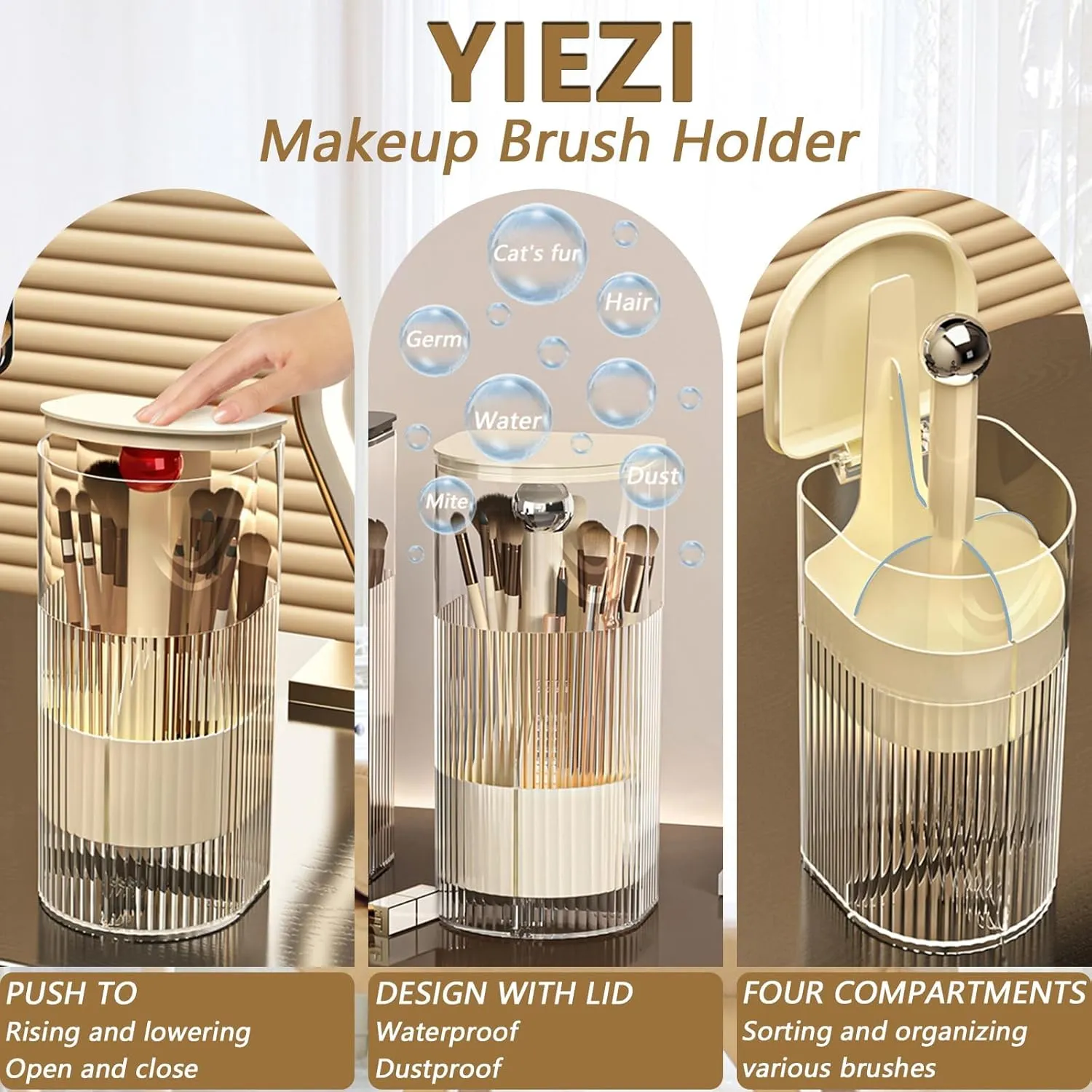 Makeup Brush Holder with Lid, One-Hand Press Open/Close Mechanism Cosmetic Tools Organizer, Clear Waterproof Dustproof Make Up Storage for Vanity, Bathroom Countertop-Cream-Silver Ball