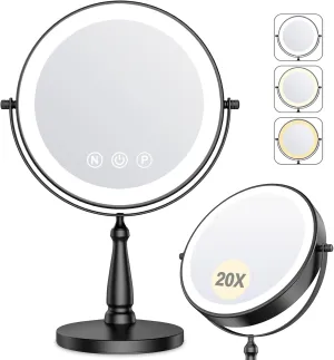 Makeup Mirror with Lights, 20X Magnifying Mirror with Light and 3 Colors, 9" Vanity mirror with lights and Adjustable Brightness, 2-Sided Tabletop Mirror with 360° Rotation, 80 LEDs Desk Mirror, Black