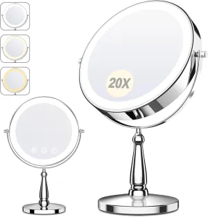 Makeup Mirror with Lights, 20X Magnifying Mirror with Light for Women, 5000 mAh Vanity Mirror with Lights and 3 Colors, 2-Sided Lighted Magnified Mirror for Delicate Makeup, 9 Inch