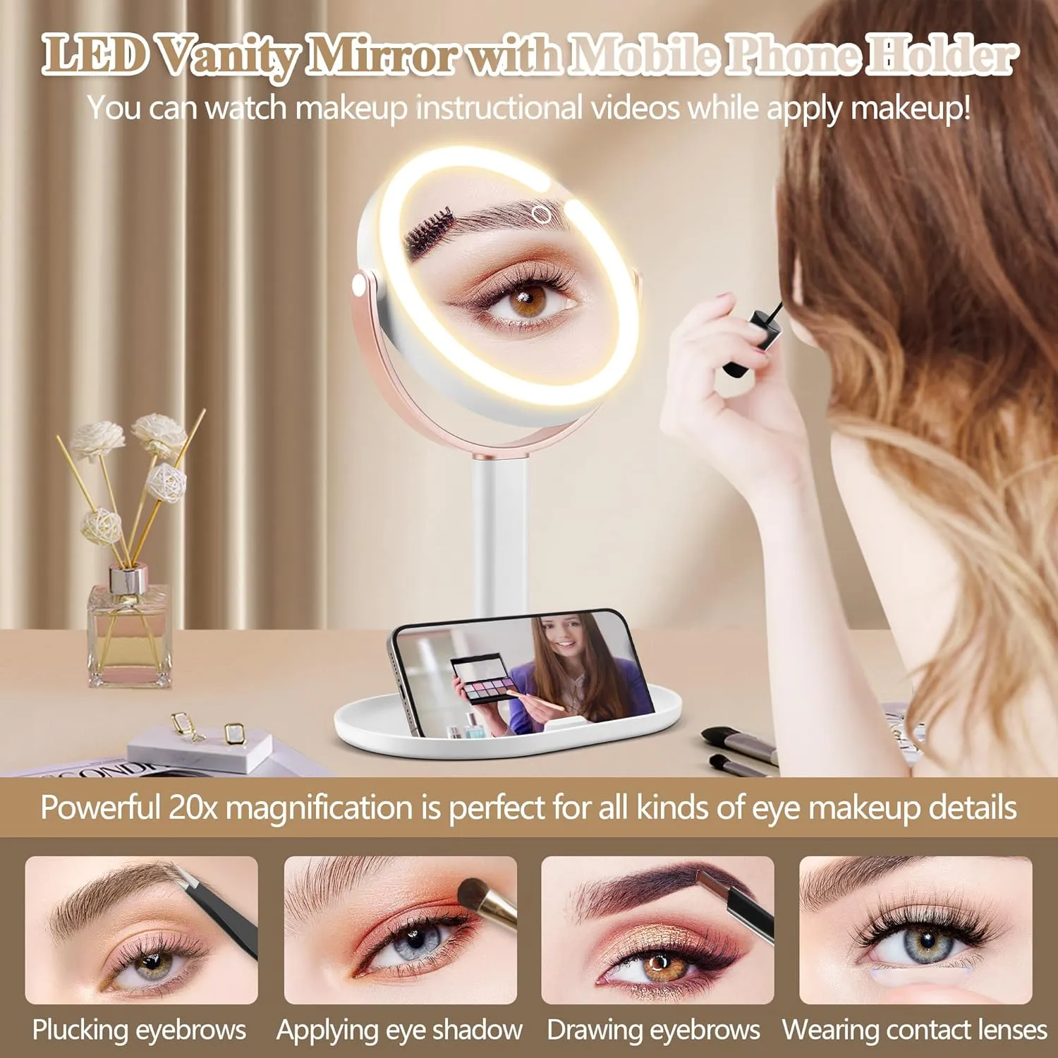 Makeup Mirror with Lights, Double Sided 1x/20x Magnifying Mirror with Light, Rechargeable 3 Color Lights Adjustable Brightness, 360° Rotation Detachable Comes with Tweezer (Rose Gold)