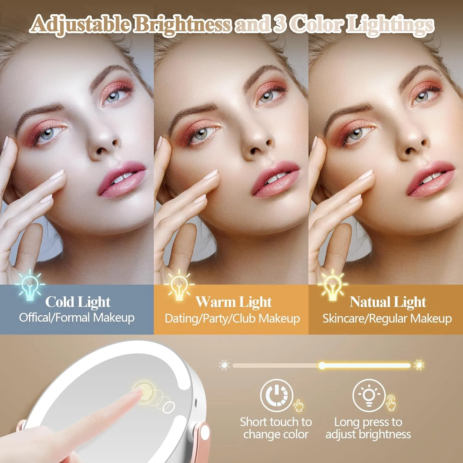 Makeup Mirror with Lights, Double Sided 1x/20x Magnifying Mirror with Light, Rechargeable 3 Color Lights Adjustable Brightness, 360° Rotation Detachable Comes with Tweezer (Rose Gold)